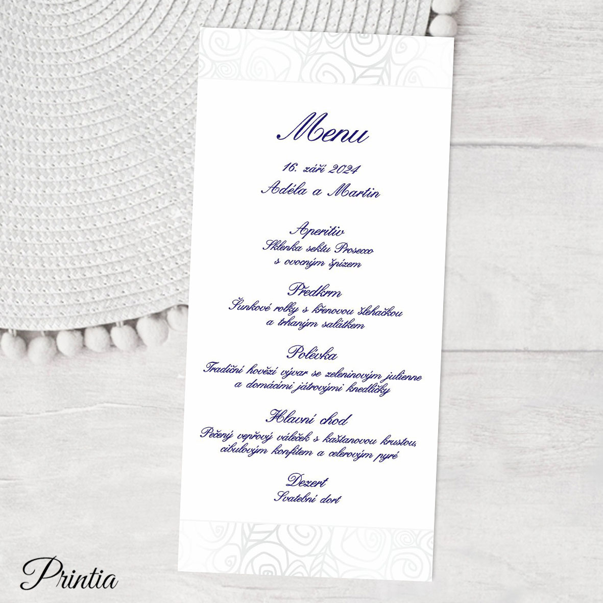 Wedding menu with glossy ornaments